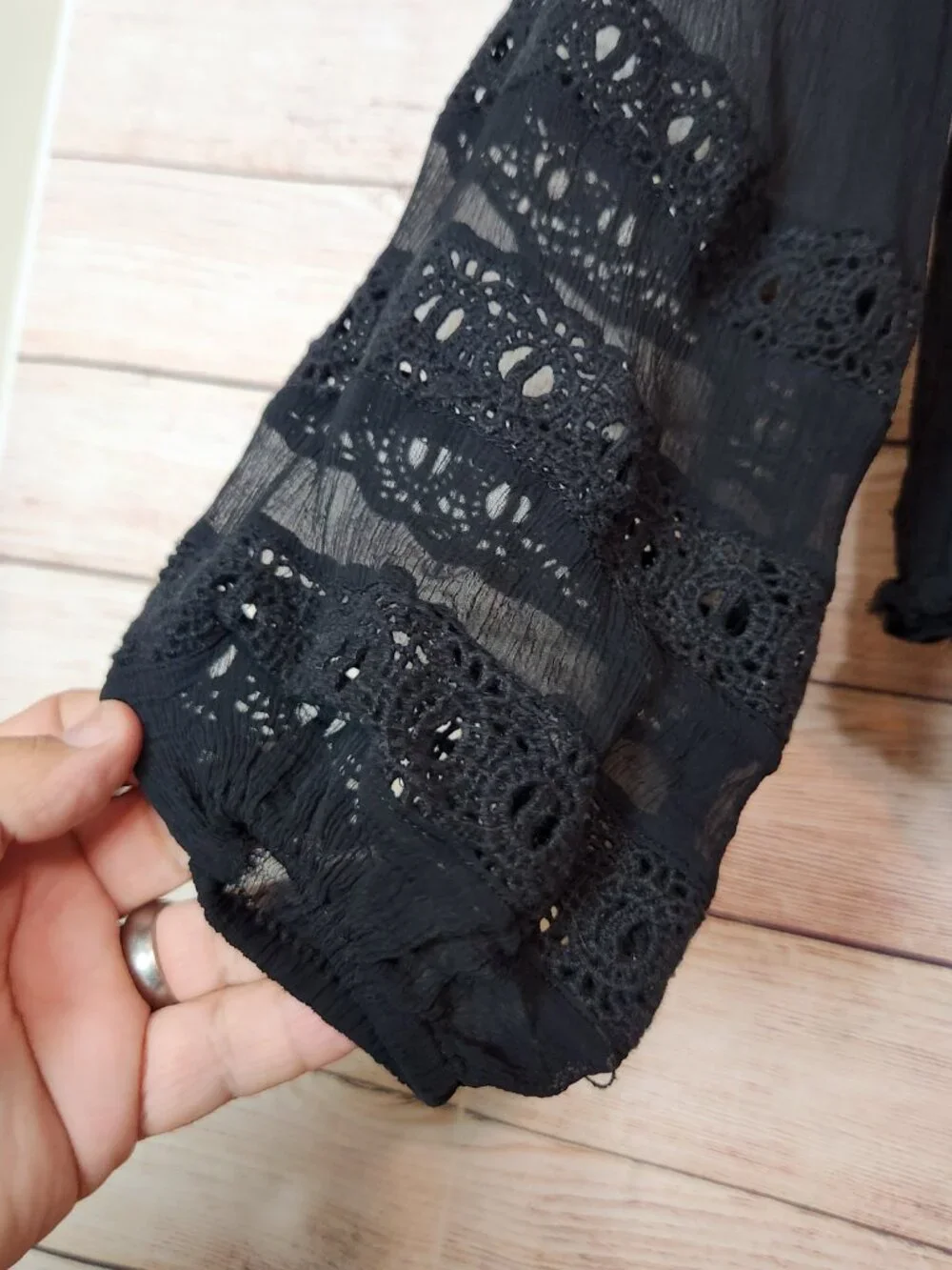 Free People Chiffon Lace Bogemian Crochet Trim Blouse Black Tunic Women's XS/TP